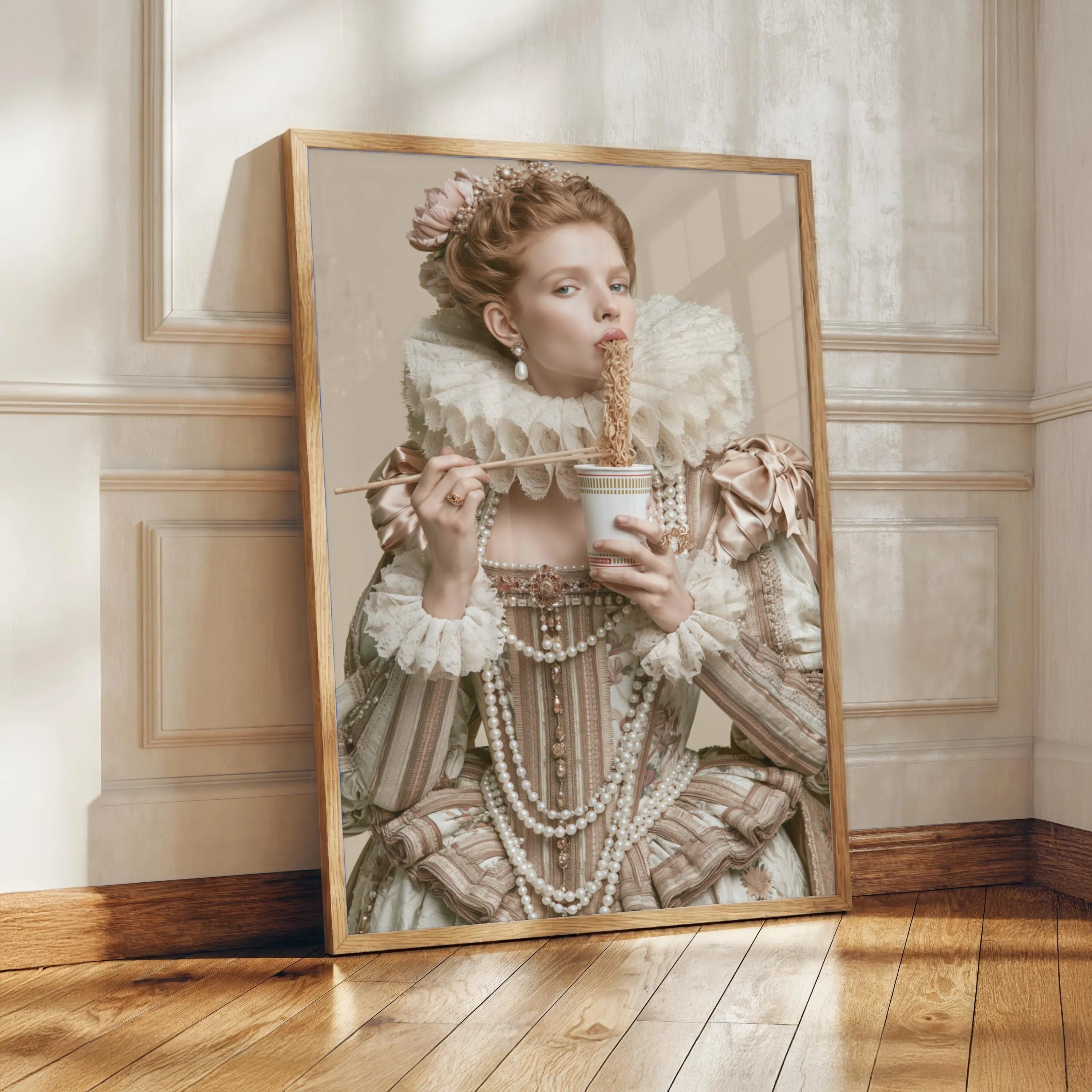 Renaissance Queen Eating Instant Noodles Poster, Baroque Humour Wall Art