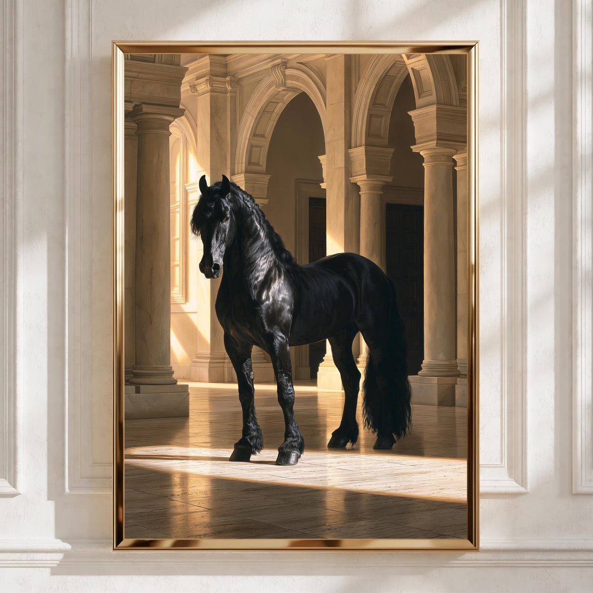 Black Stallion Grand Hall Poster, Friesian Horse Art, Dramatic Equine Print