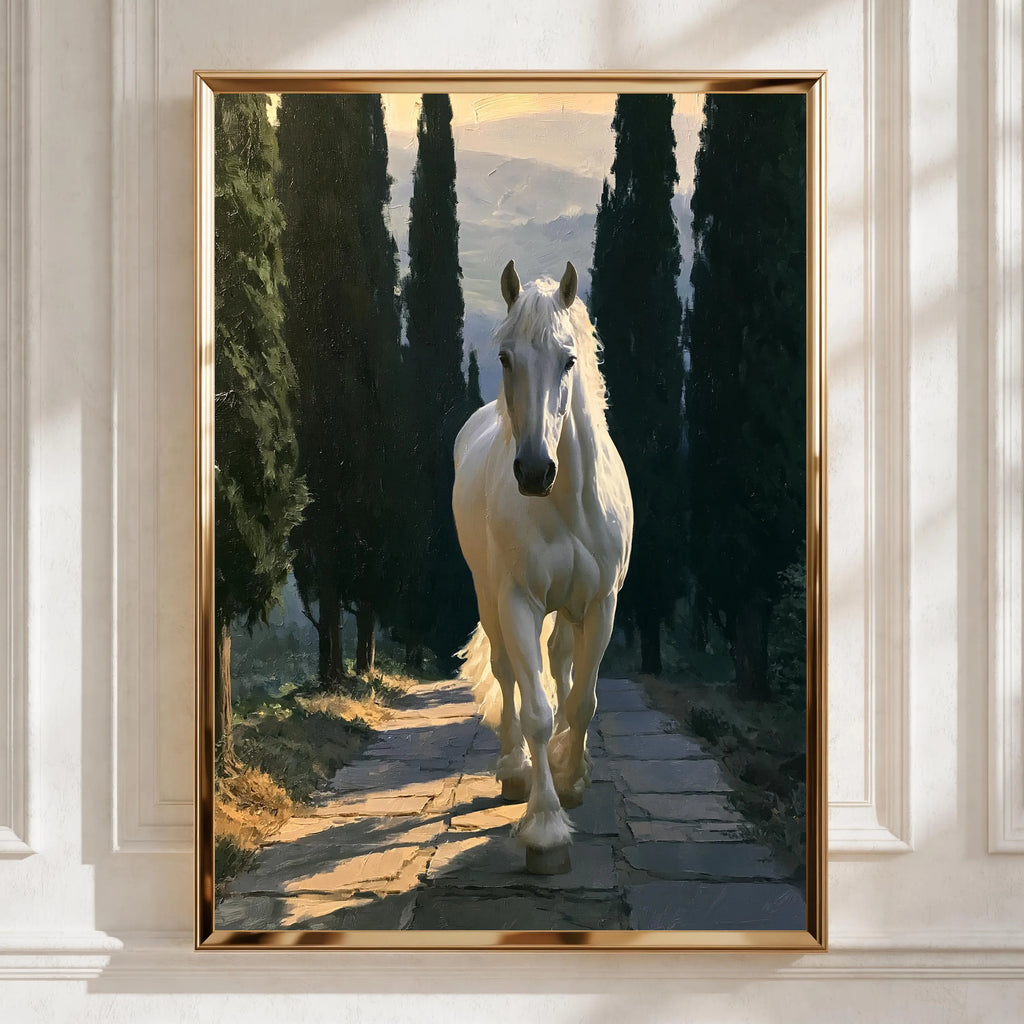 White Stallion Forest Path Poster, Oil Painting Style Horse Wall Art Print