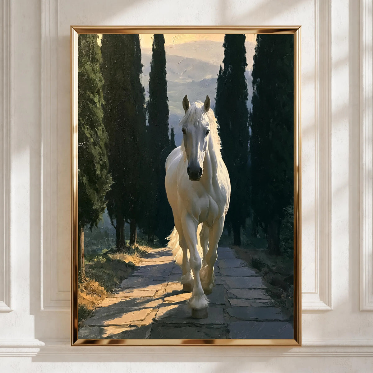 White Stallion Forest Path Poster, Oil Painting Style Horse Wall Art Print