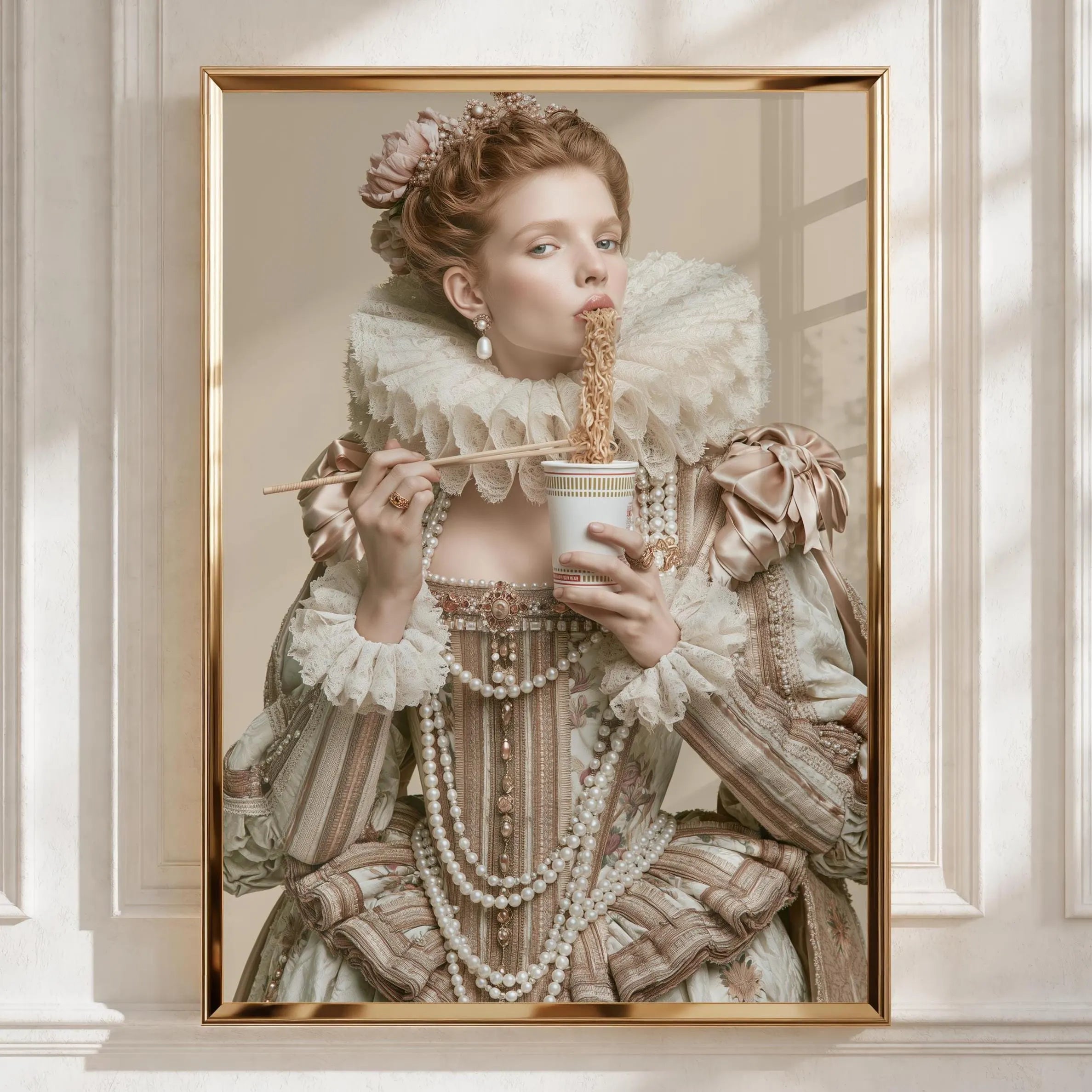 Renaissance Queen Eating Instant Noodles Poster, Baroque Humour Wall Art