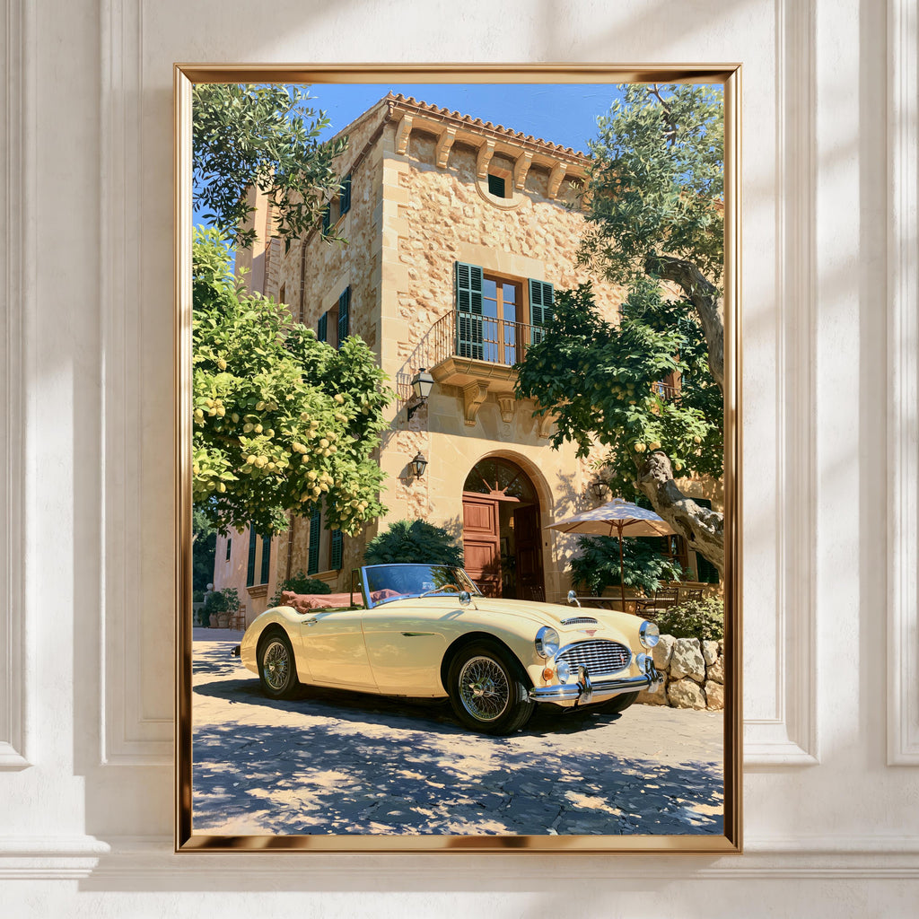 Classic Car Mediterranean Villa Poster, Vintage Convertible Art Print, Retro