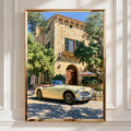 Classic Car Mediterranean Villa Poster, Vintage Convertible Art Print, Retro