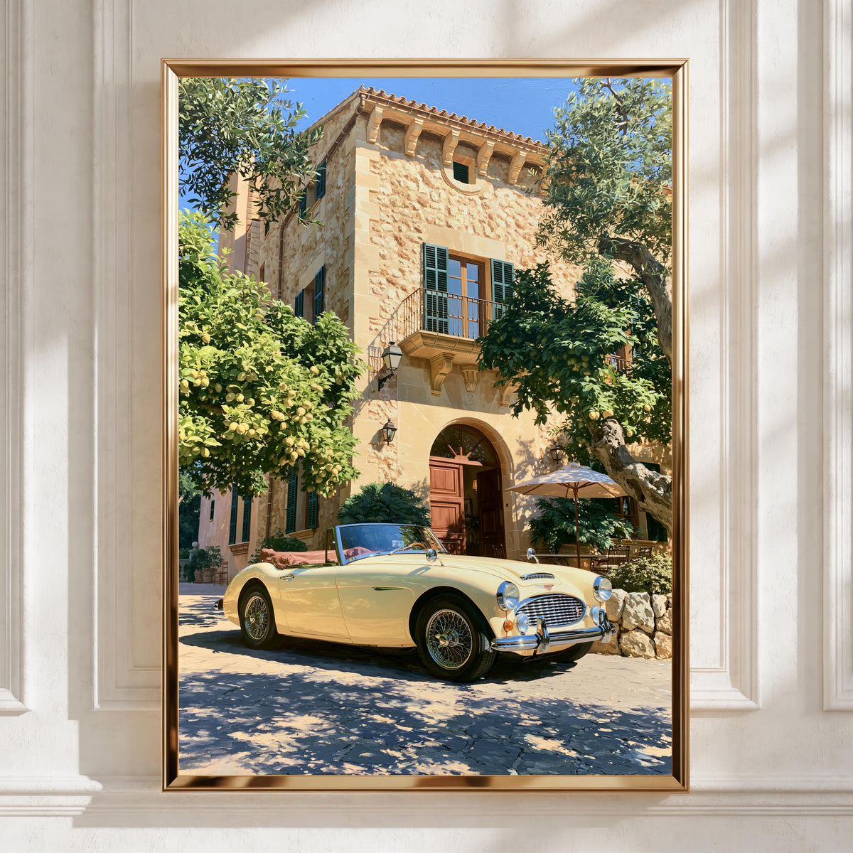 Classic Car Mediterranean Villa Poster, Vintage Convertible Art Print, Retro