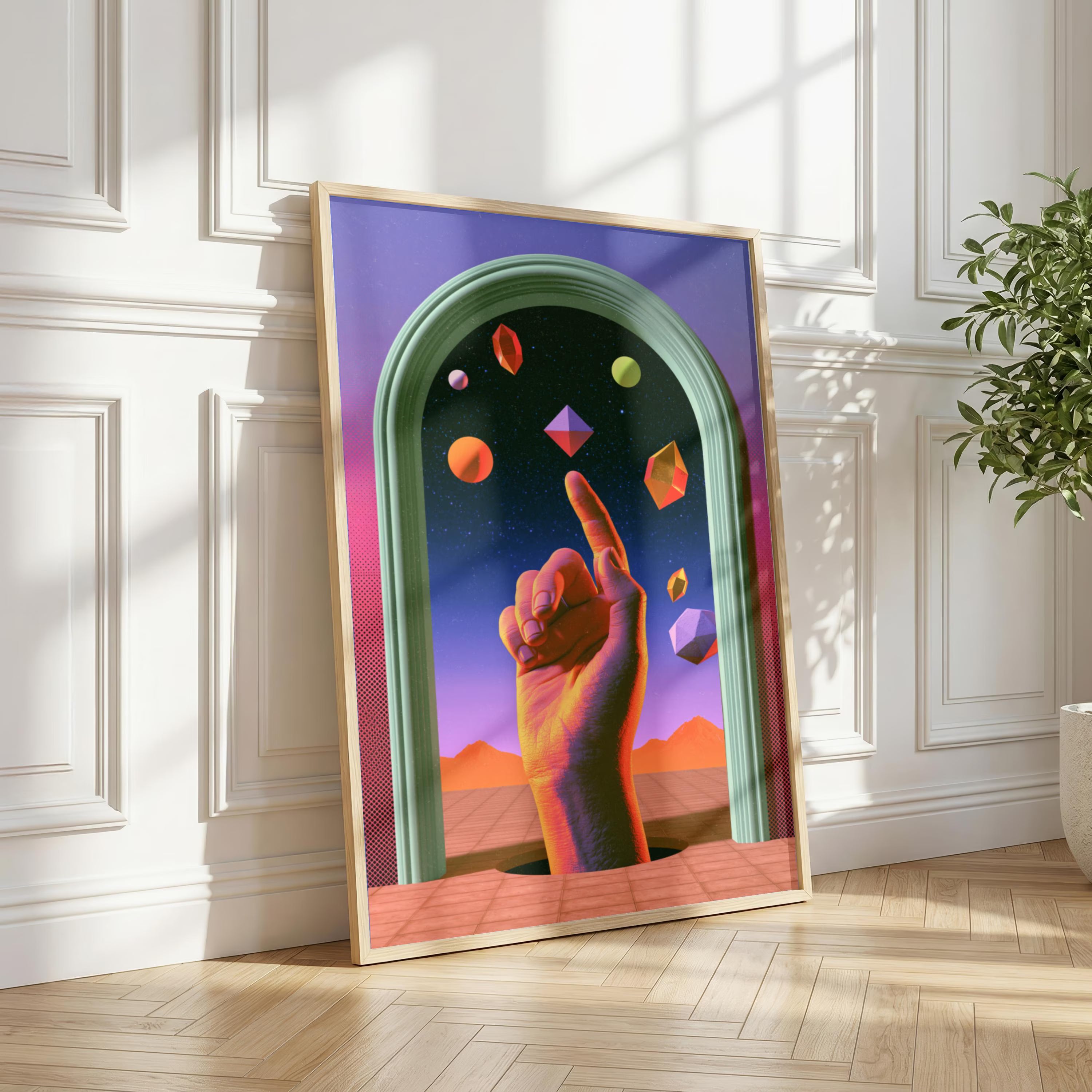 Psychedelic Hand Cosmic Poster, Surreal Blue Space Wall Art, Geometric