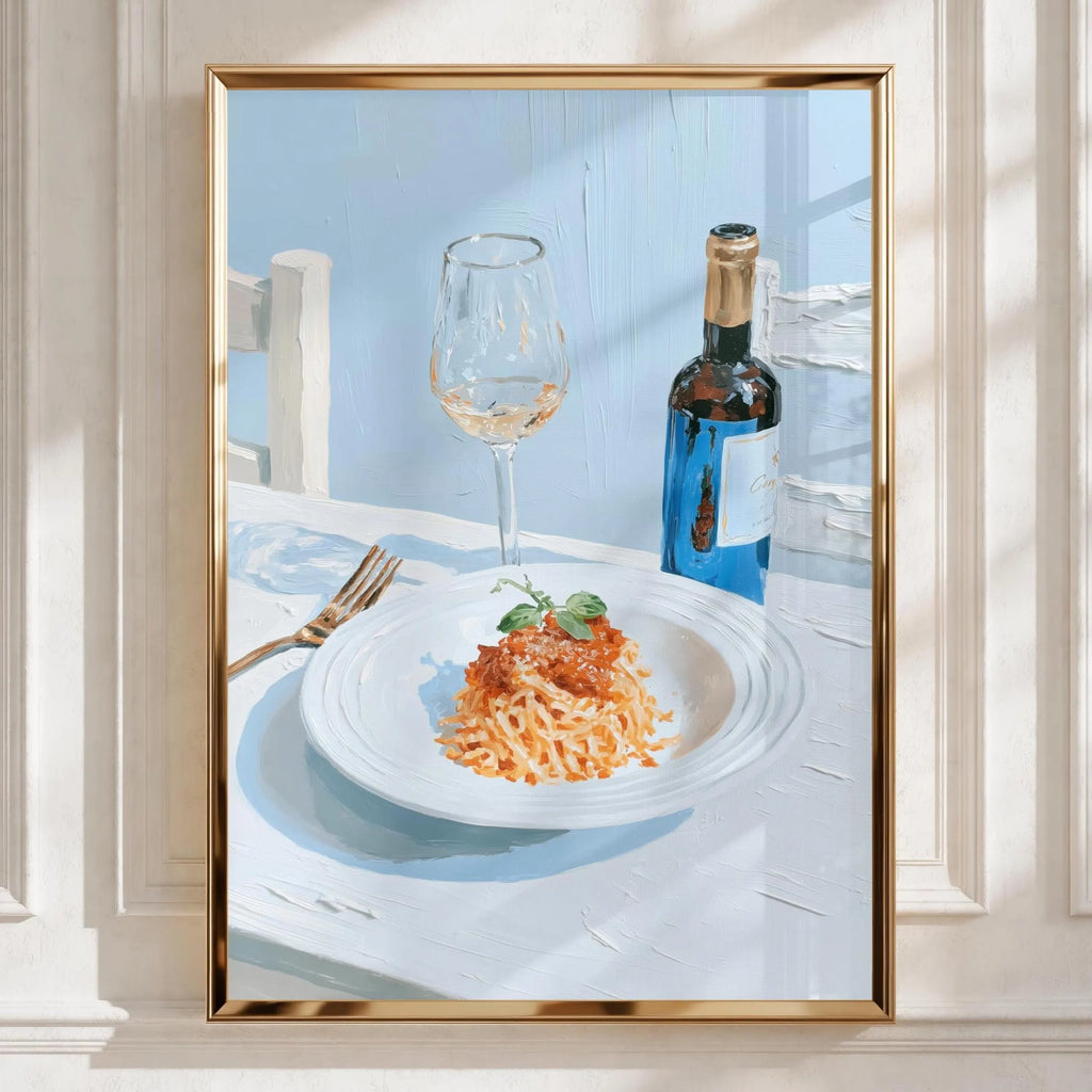 Pasta and Wine Still Life Art Print, Italian Kitchen Decor, Culinary Wall Art