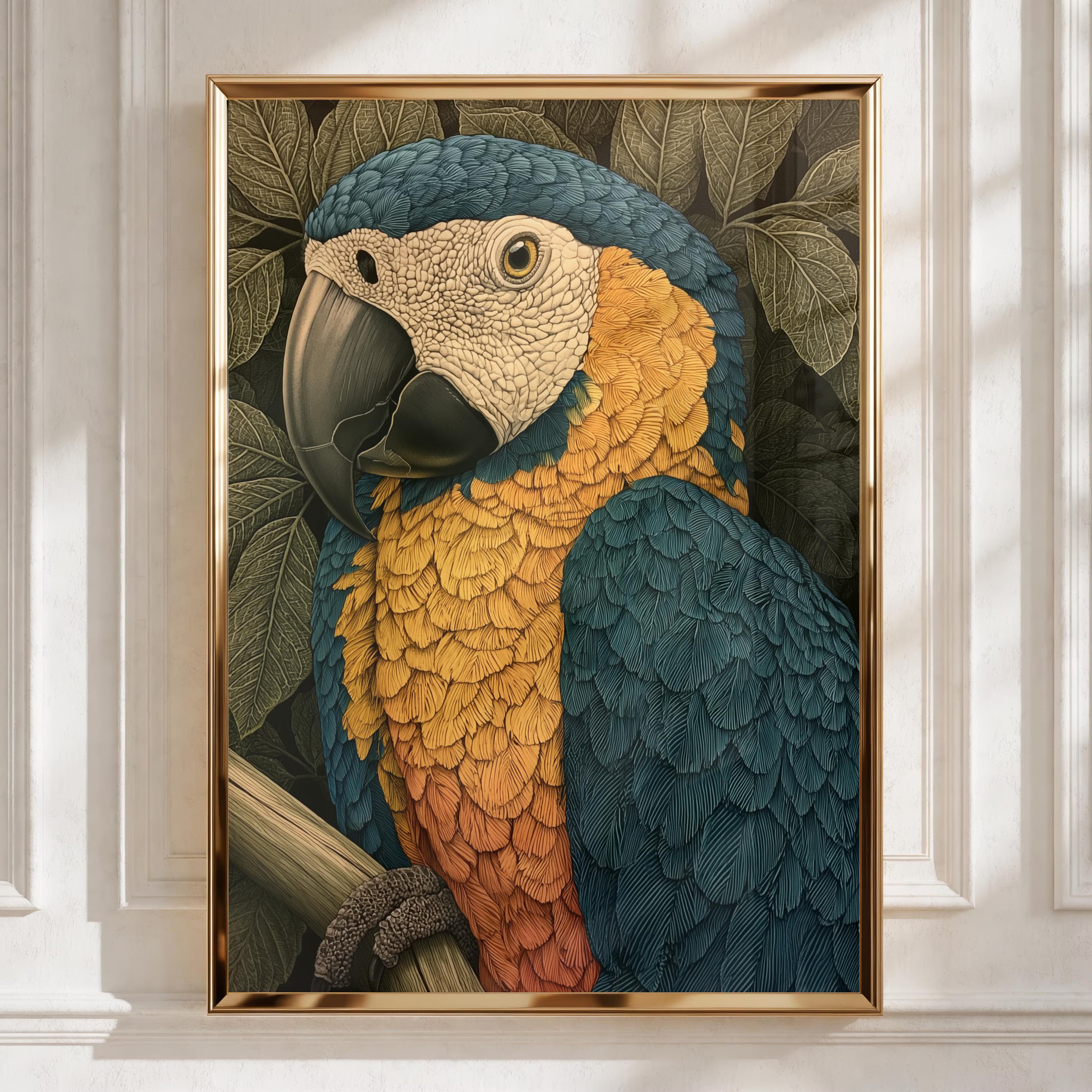 Blue Gold Macaw Parrot Print, Tropical Bird Poster, Detailed Botanical Art