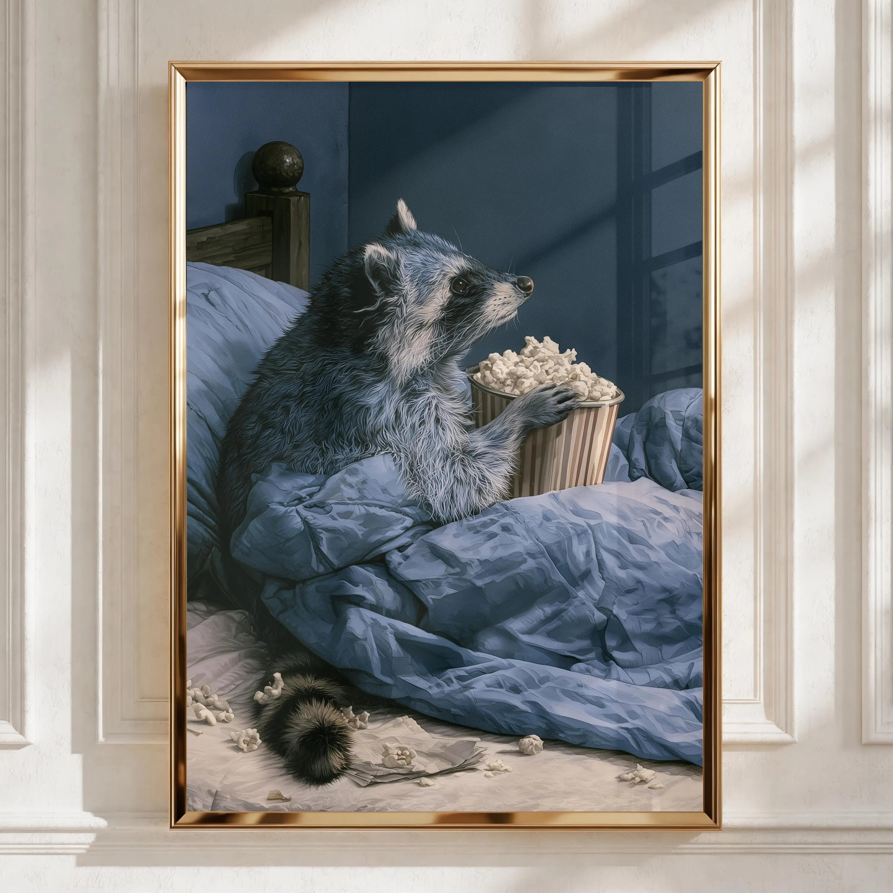 Raccoon Eating Popcorn in Bed Art Print, Funny Animal Poster, Navy Blue Wall Art