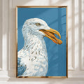 Seagull Eating Chicken Leg Wall Art Print, Funny Coastal Bird Poster, Bold Blue