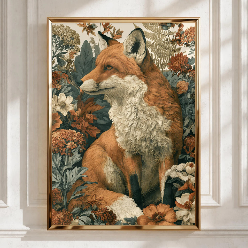 Fox Botanical Print, Floral Wildlife Poster, Russet Red Fox Wall Art