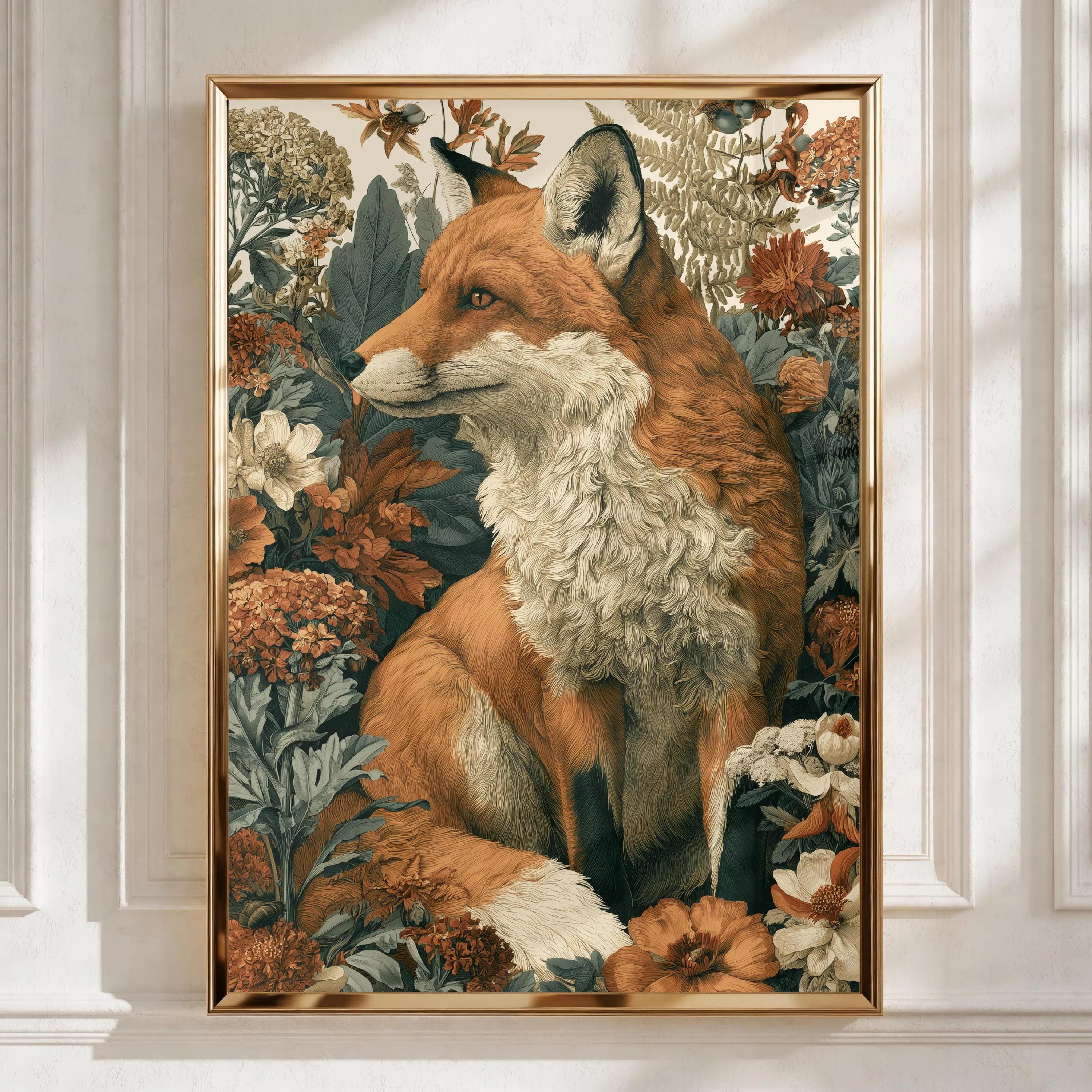 Fox Botanical Print, Floral Wildlife Poster, Russet Red Fox Wall Art
