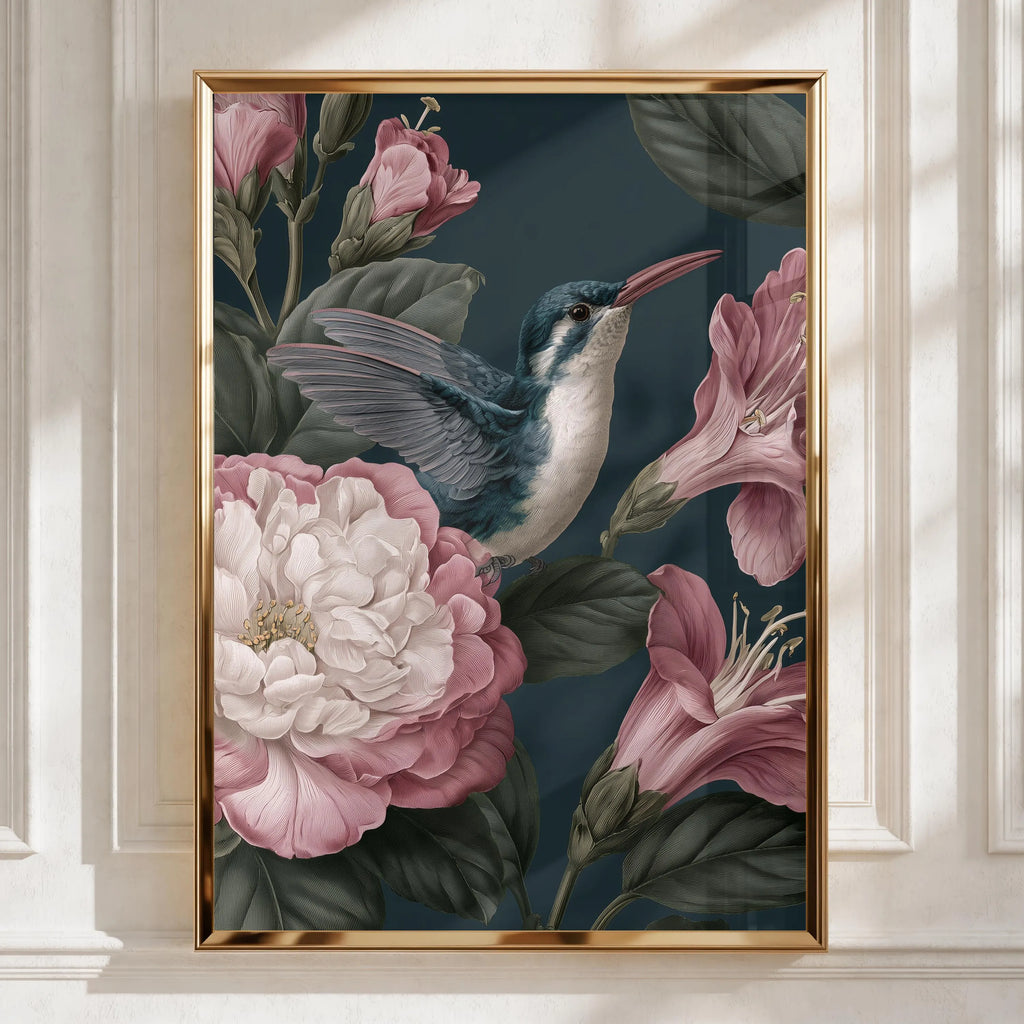 Hummingbird Botanical Print, Dark Floral Wall Art, Vintage Style Poster