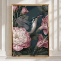 Hummingbird Botanical Print, Dark Floral Wall Art, Vintage Style Poster