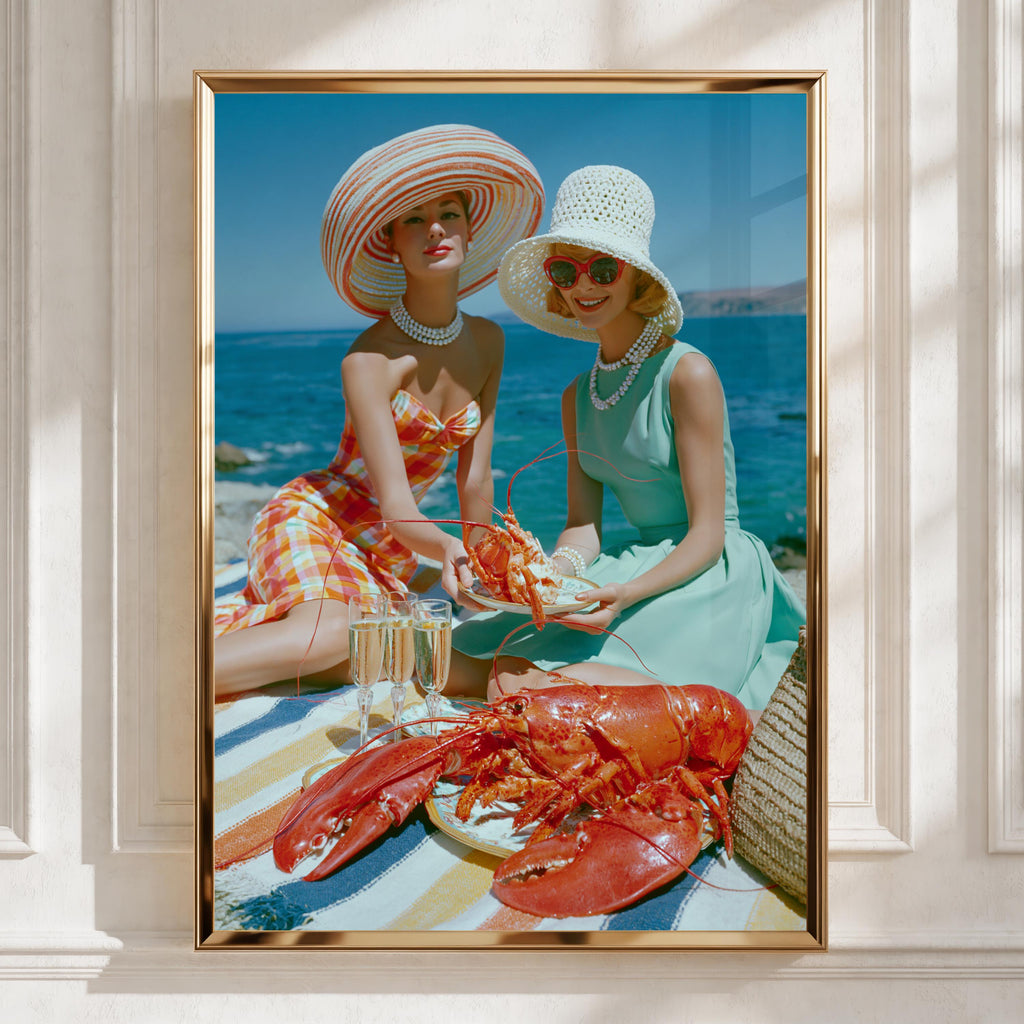 Vintage Women Lobster Beach Picnic Poster, Retro 1950s Summer Wall Art
