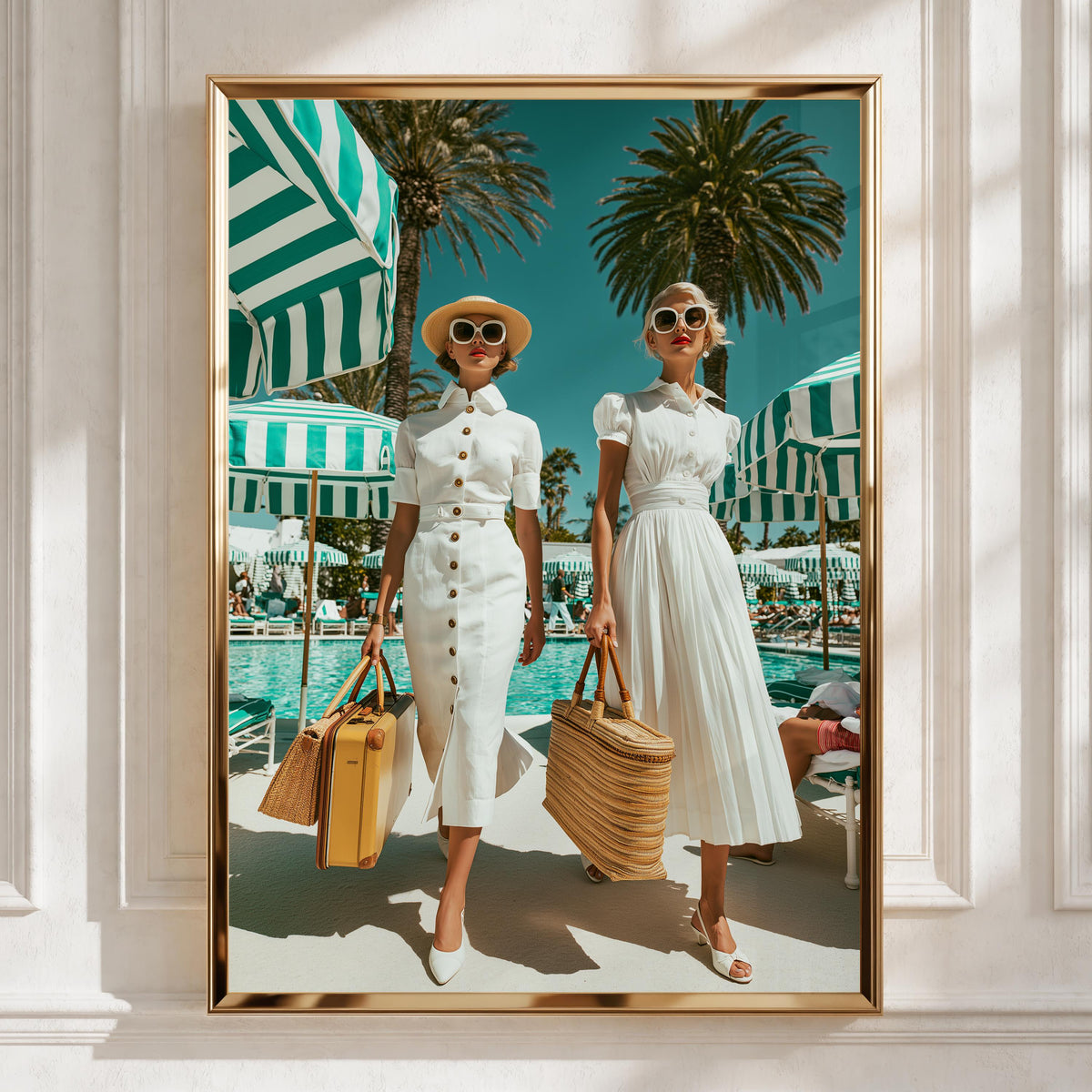 Women by Hotel Pool, Retro Fashion Poster, Vintage Summer Art Print