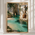 Mediterranean Cove Poster, Turquoise Sea Cliff Villa, Coastal Wall Art Print