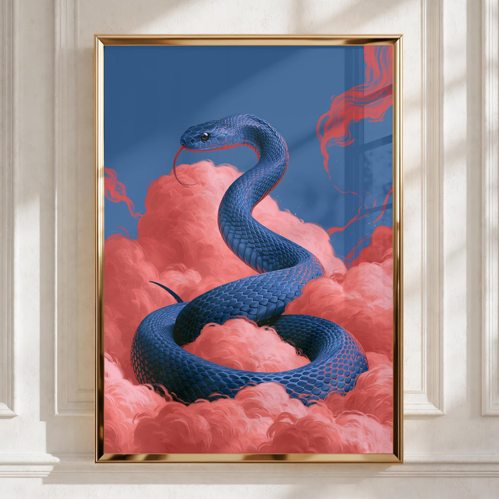 Blue Snake Pink Clouds Poster, Surreal Serpent Wall Art, Bold Colour Print