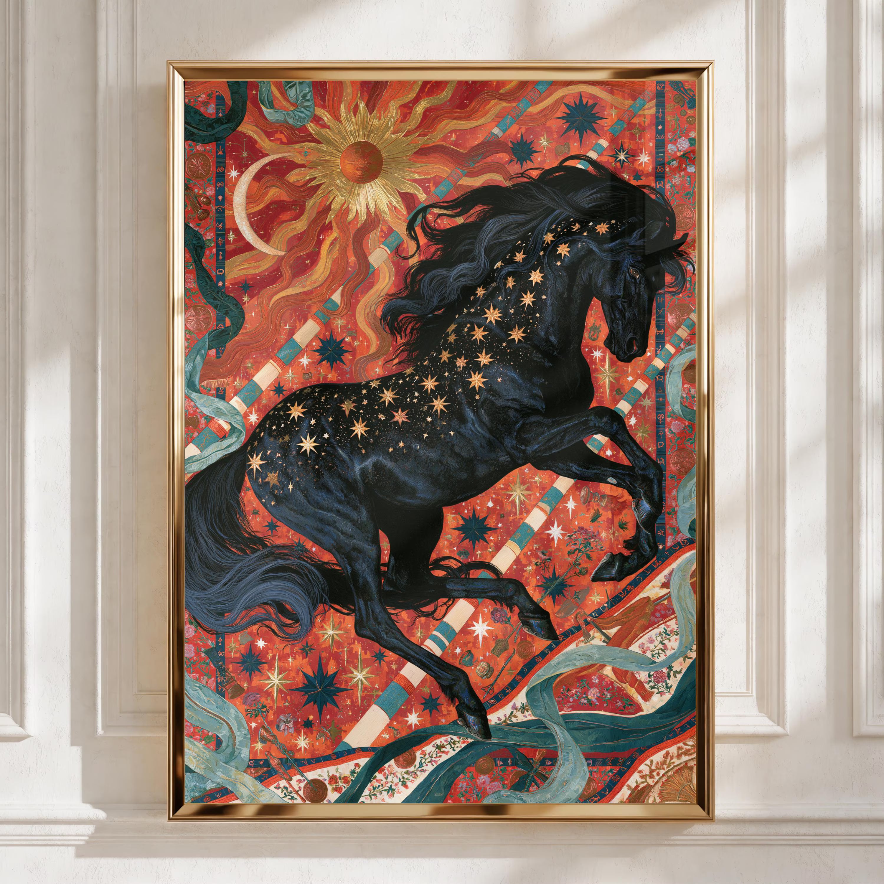 Celestial Black Horse Poster, Mystical Sun Moon Wall Art, Maximalist Print