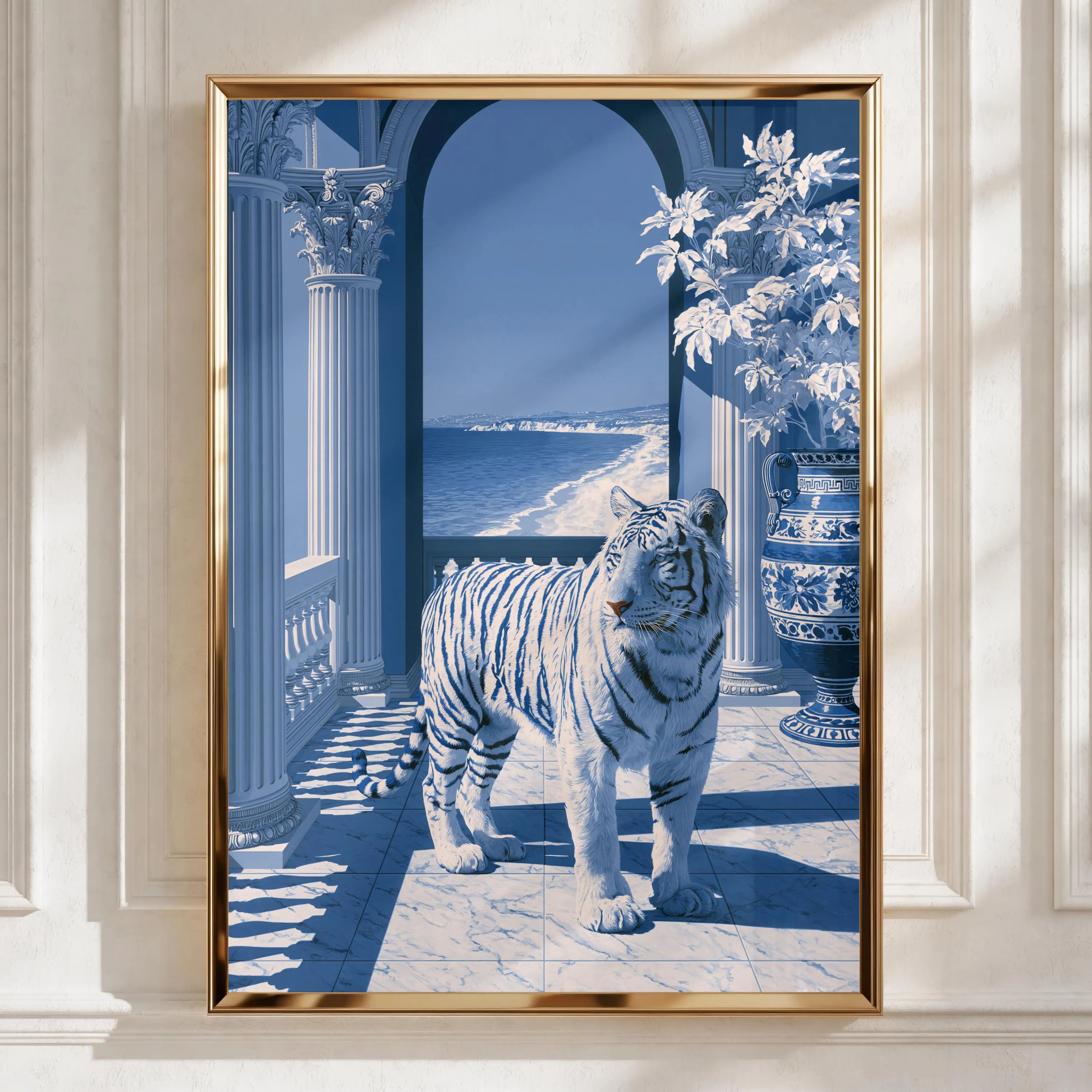Tiger Classical Hall Poster, Porcelain Blue Architecture Wall Art Print