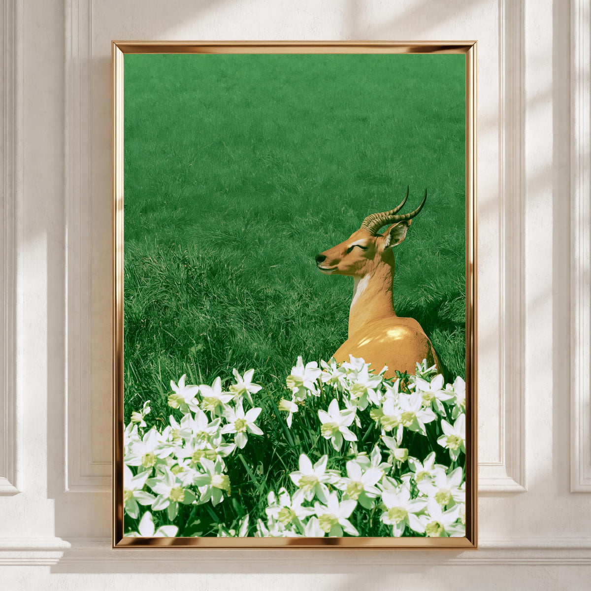 Antelope in Flowers Poster, Wildlife Botanical Wall Art, Green Nature Print