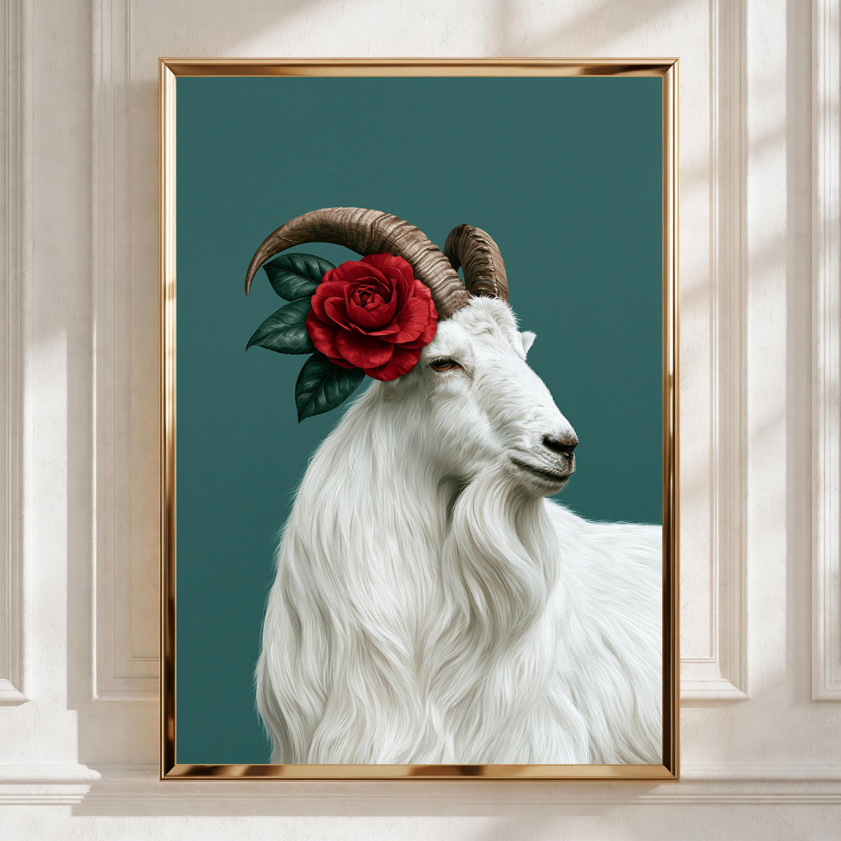 White Goat Red Rose Poster, Floral Animal Portrait Print, Teal Botanical Art