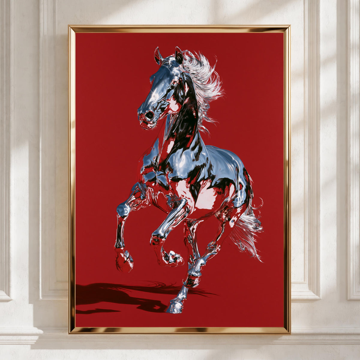 Chrome Horse Poster, Red Wall Art, Metallic Equine Print, Bold Modern Style