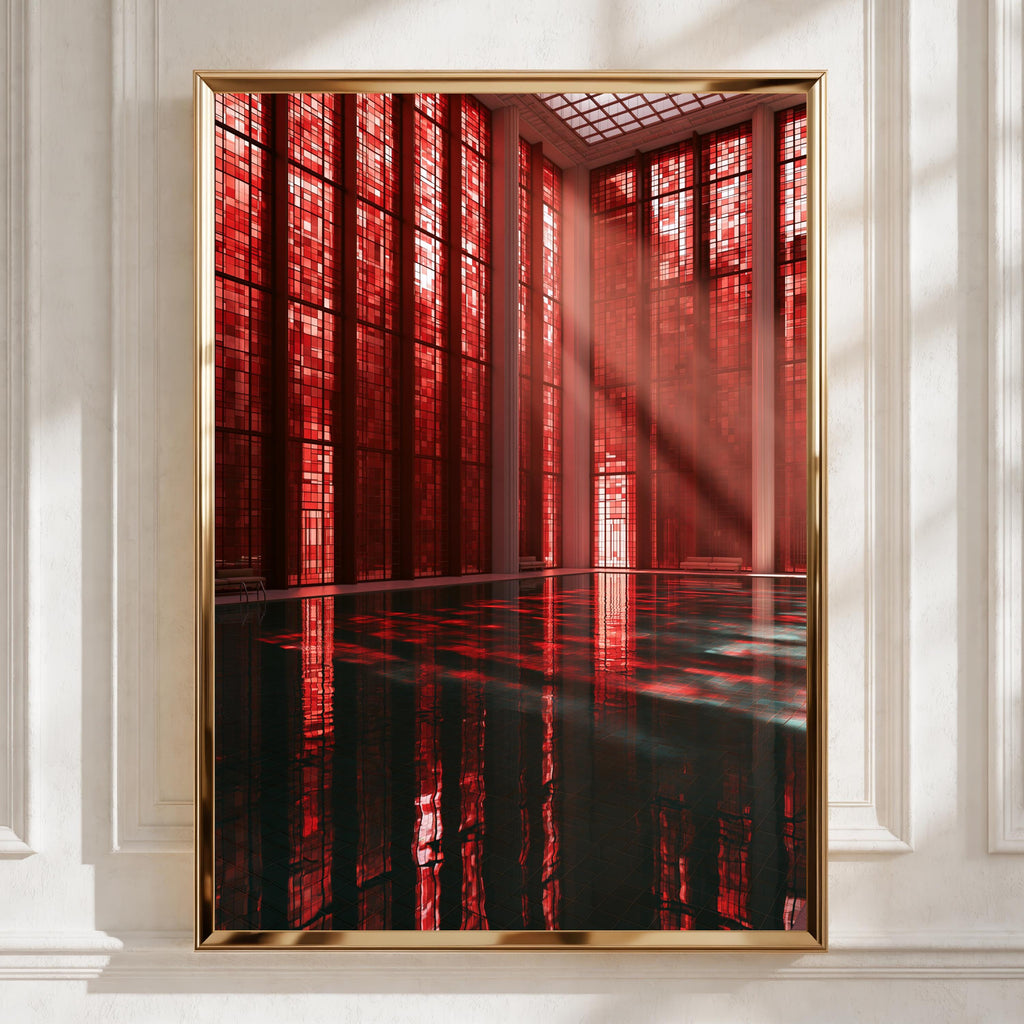 Red Baths Indoor Pool Poster, Art Deco Architecture Print, Dramatic Red Interior