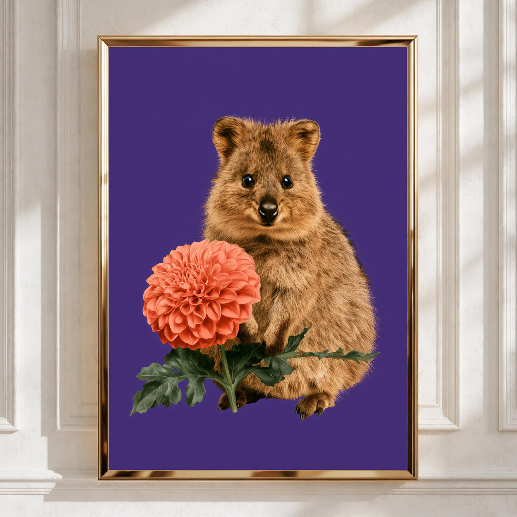 Quokka with Dahlia Flower Poster, Australian Animal Wall Art Print