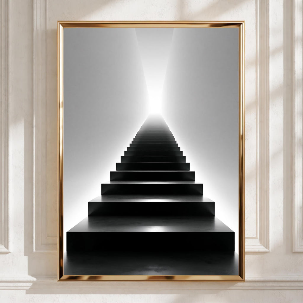 Black Stairway to Light Poster, Minimalist Architecture Print, Monochrome Wall Art