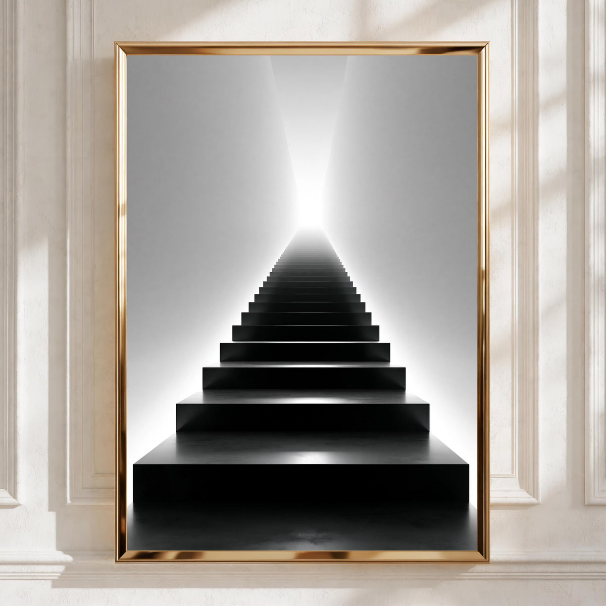 Black Stairway to Light Poster, Minimalist Architecture Print, Monochrome Wall Art