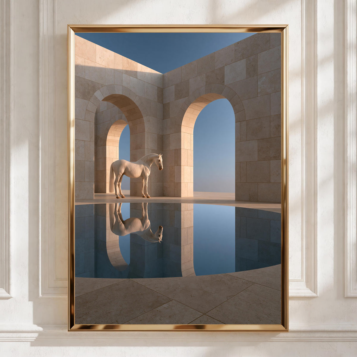 White Horse Reflection Travertine Arch Poster, Minimalist Wall Art Print