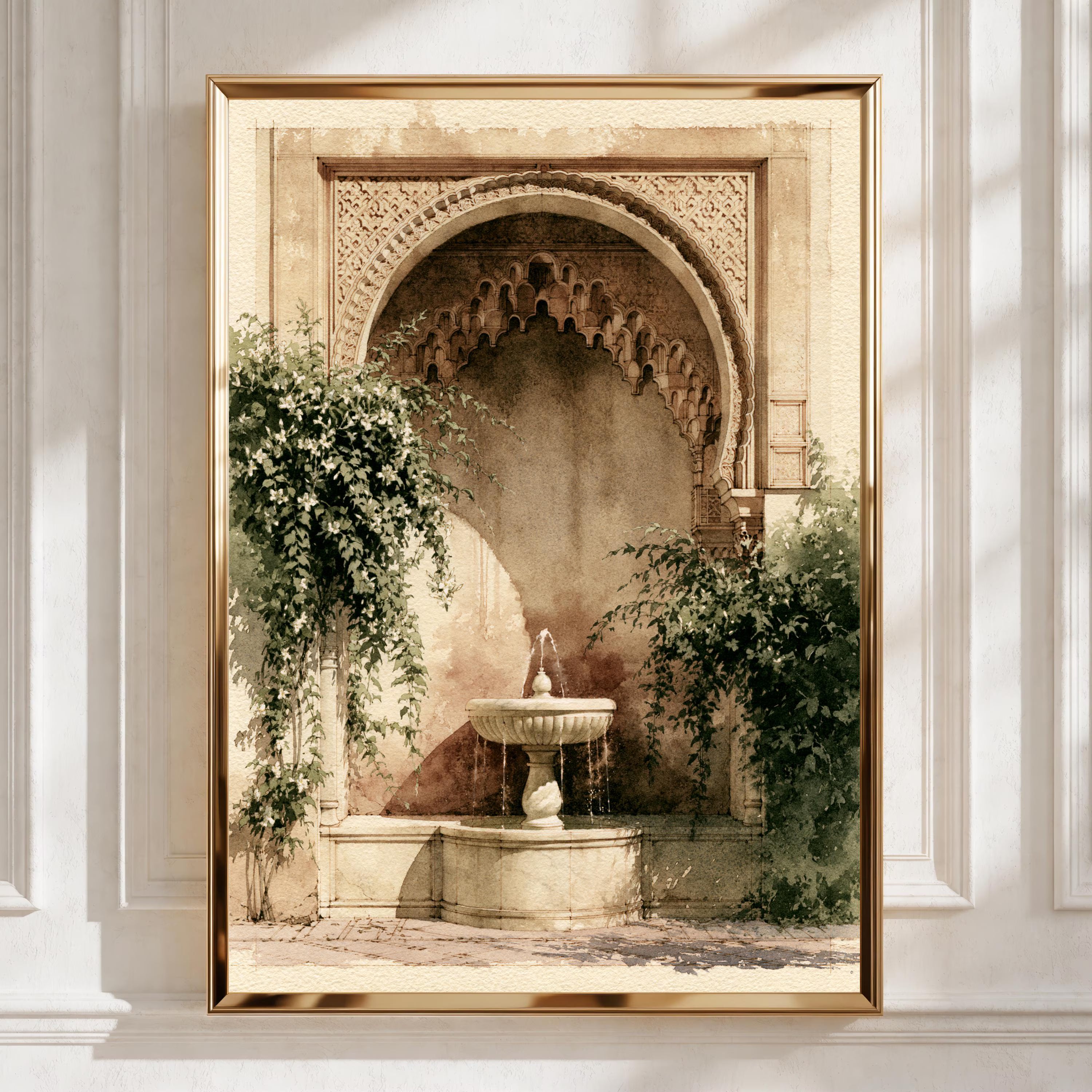 Moorish Courtyard Fountain Poster, Arabic Arch Wall Art, Watercolour Style
