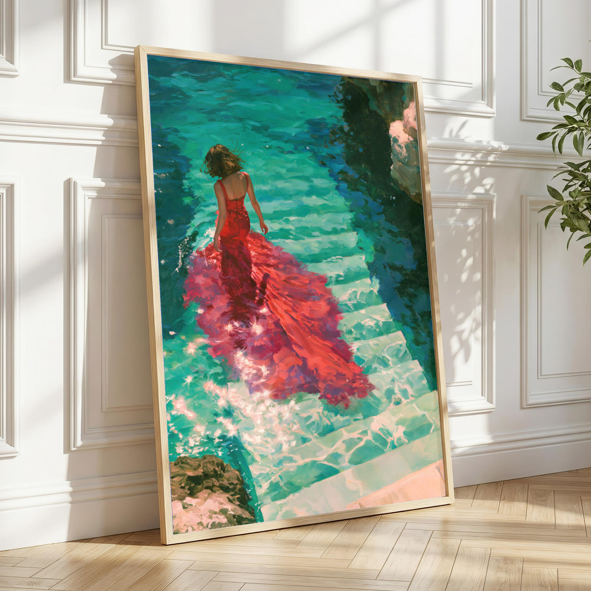 Woman Red Dress Water Steps Poster, Figurative Wall Art, Teal Oil Painting Print