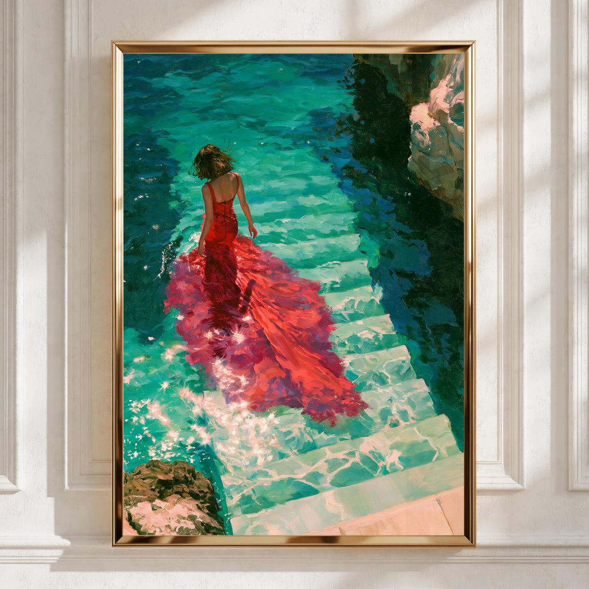 Woman Red Dress Water Steps Poster, Figurative Wall Art, Teal Oil Painting Print