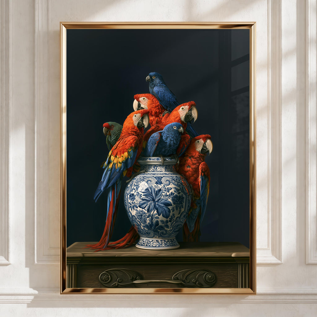 Parrot Vase Wall Art Poster, Macaw Birds Delft Ceramic, Dark Moody Still Life Print