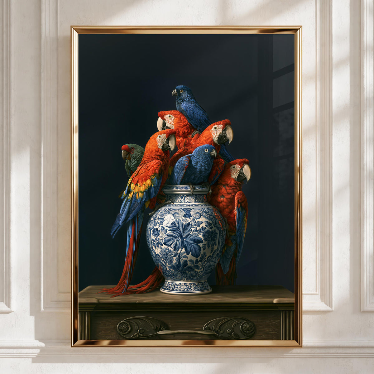 Parrot Vase Wall Art Poster, Macaw Birds Delft Ceramic, Dark Moody Still Life Print