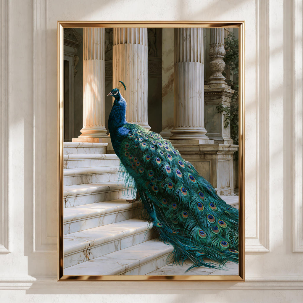 Peacock on Marble Stairs Poster, Classical Columns, Teal Feathers Art Print