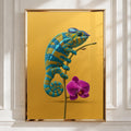 Chameleon Orchid Poster, Teal Yellow Wall Art, Tropical Animal Print