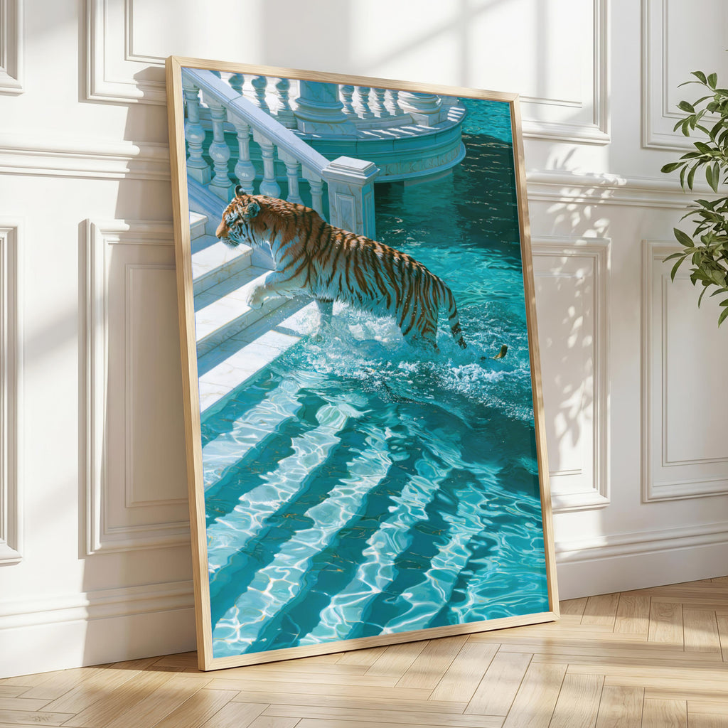 Tiger Leaping into Water, Villa Pool Wall Art Poster, Surreal Style