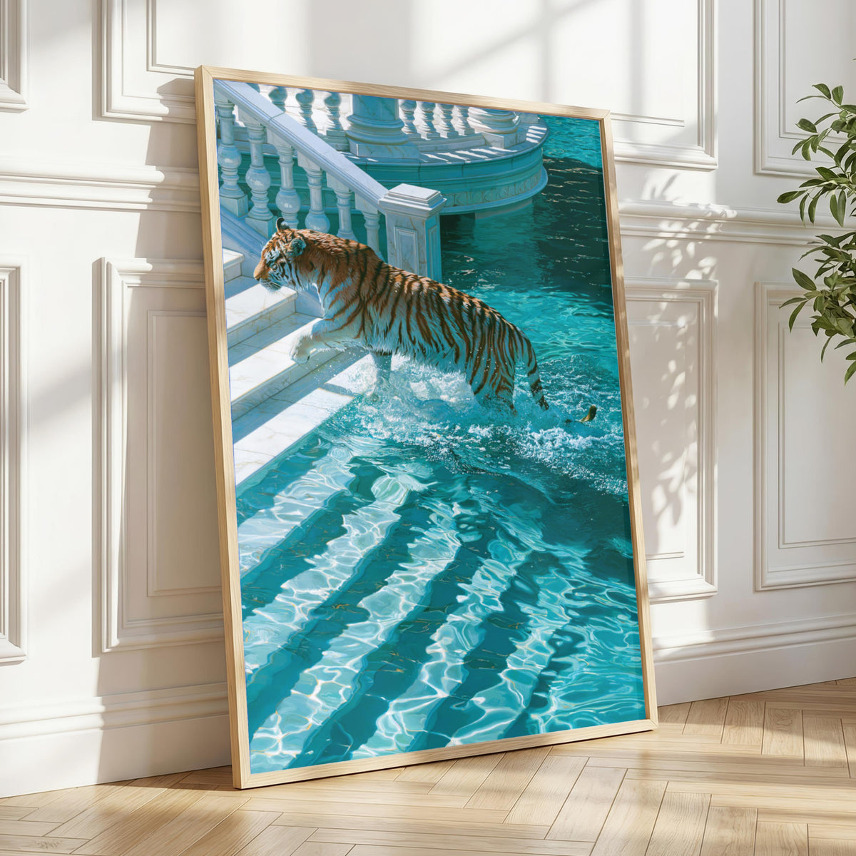 Tiger Leaping into Water, Villa Pool Wall Art Poster, Surreal Style