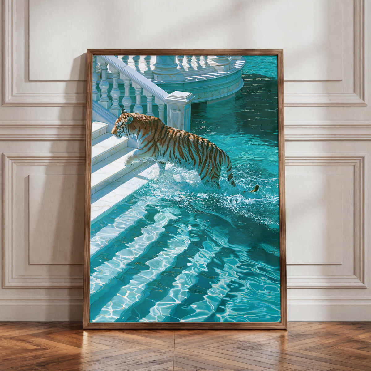 Tiger Leaping into Water, Villa Pool Wall Art Poster, Surreal Style