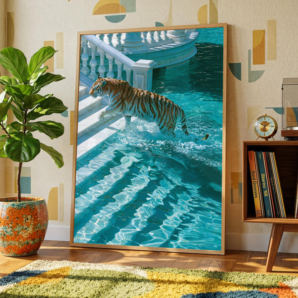 Tiger Leaping into Water, Villa Pool Wall Art Poster, Surreal Style