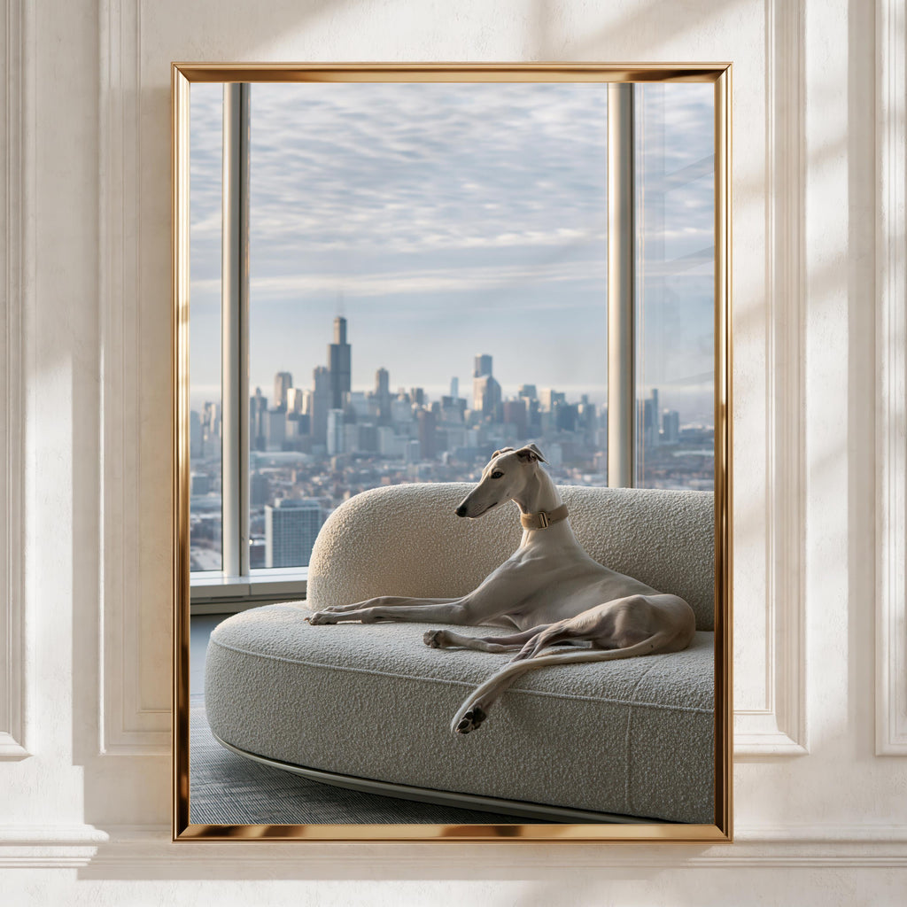 Greyhound on Sofa Chicago Skyline Poster, Elegant Dog Wall Art Print
