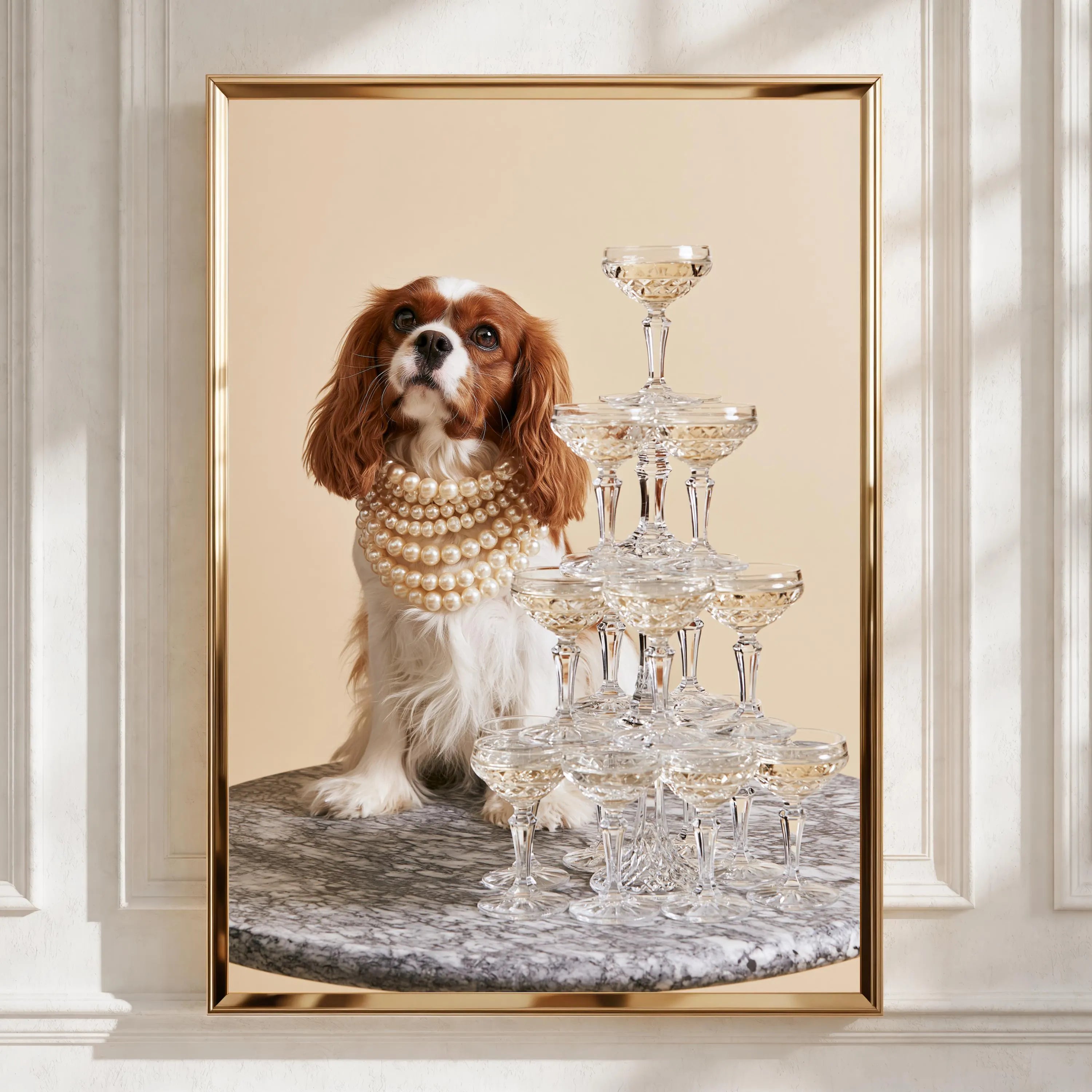 Cavalier King Charles Spaniel Champagne Tower Poster, Luxury Dog Wall Art