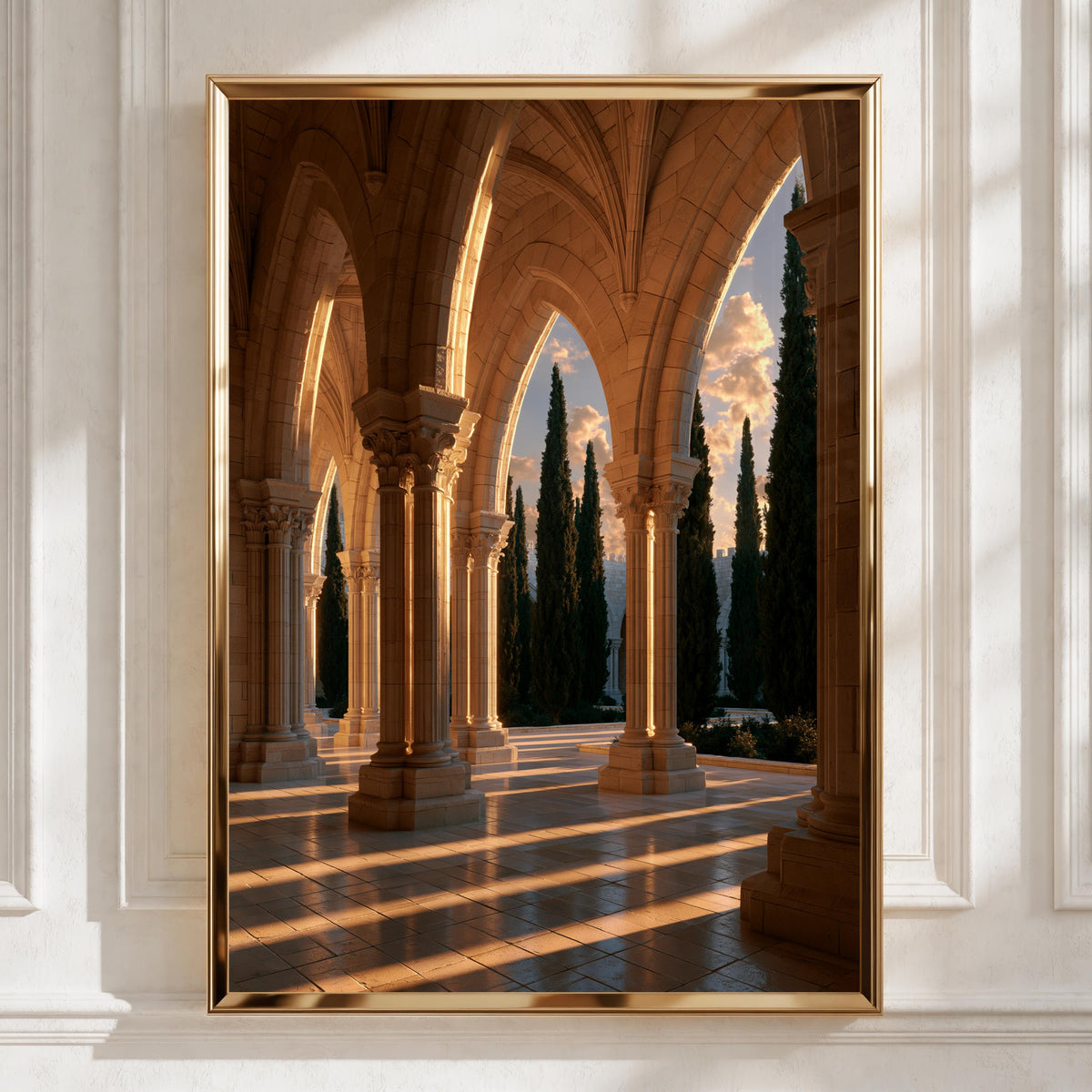 Gothic Church Cloister Poster, Travertine Arches Cypress Trees, Architecture Print