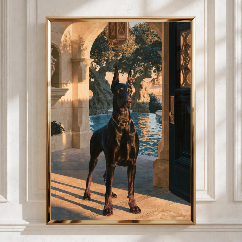 Dobermann Villa Poster, Luxury Dog Art Print, Classical Archway, Golden Hour