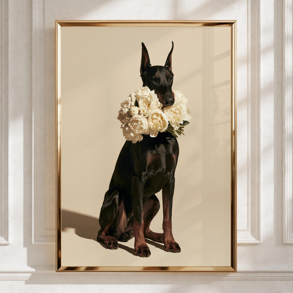 Dobermann with Peonies Poster, Elegant Black Dog Wall Art Print