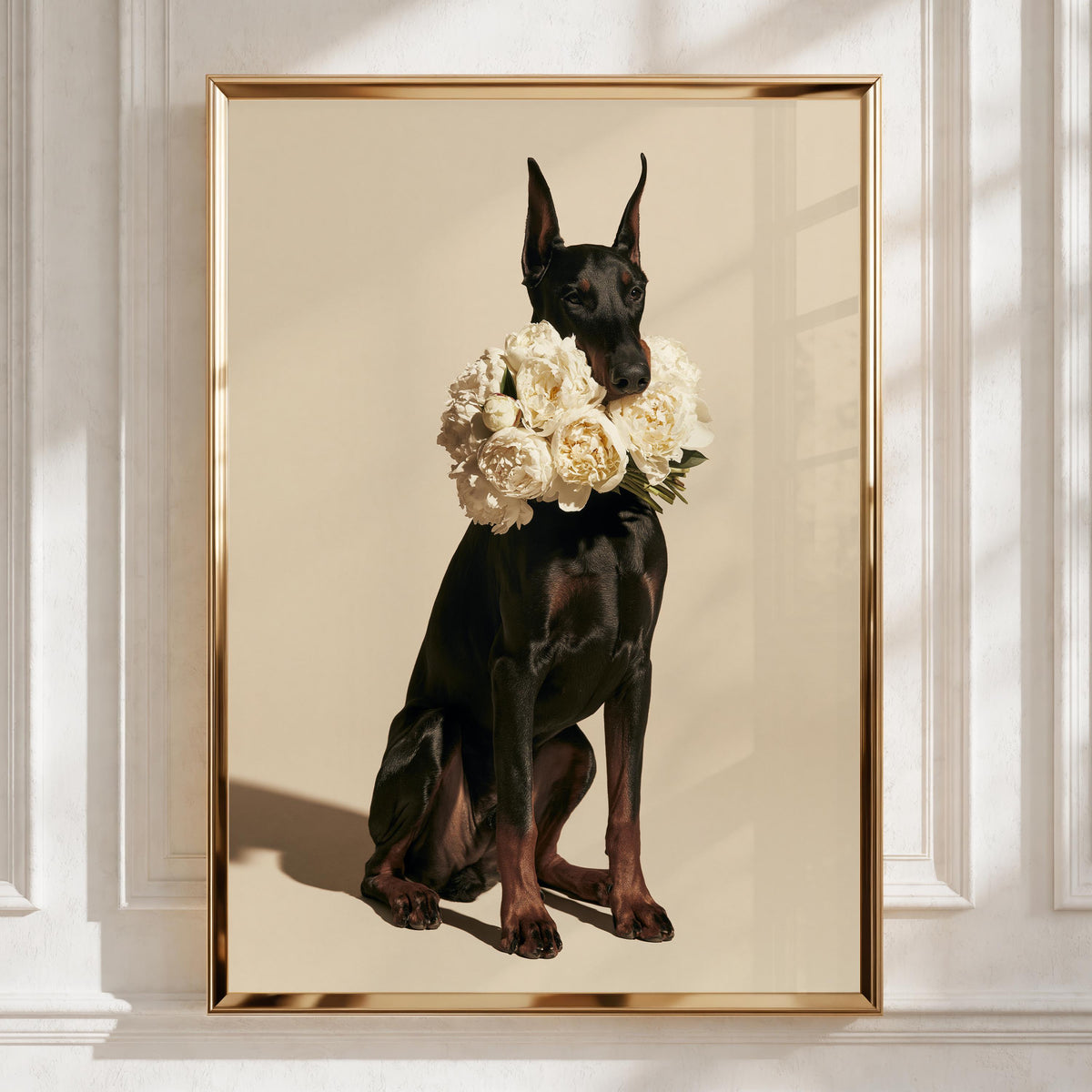 Dobermann with Peonies Poster, Elegant Black Dog Wall Art Print