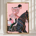 Woman on Horse, Elegant Equestrian Art, Pink Floral, Minimalist Artwork, Modern Wall Decor