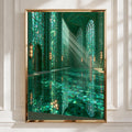 Emerald Bath Pool Poster, Gothic Stained Glass Interior, Teal Architecture Print